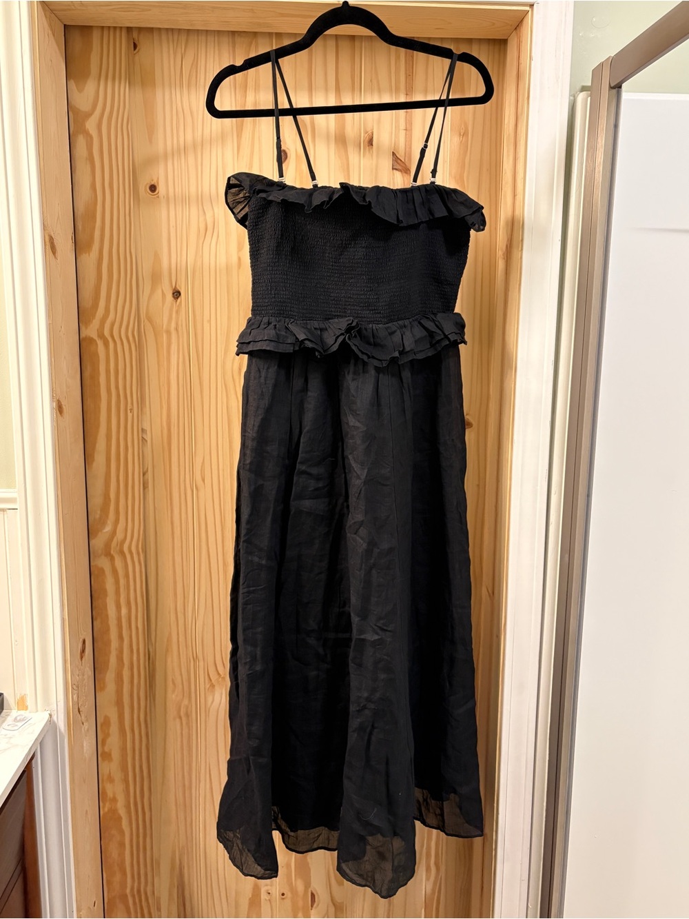 J. Crew Black Ruffle Smocked Midi Dress